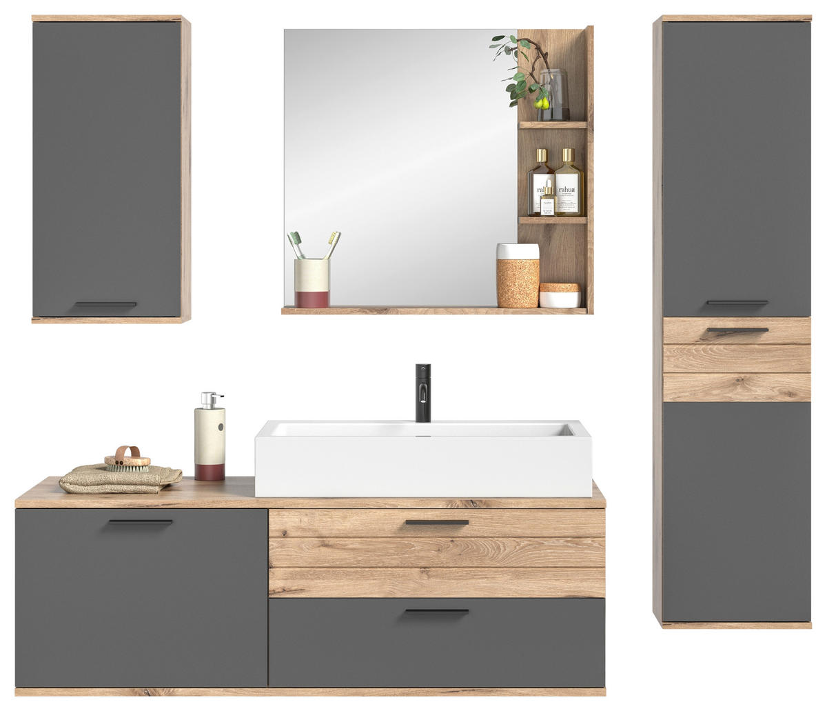 BADEZIMMER 4-teilig  in 177 cm  - Eichefarben/Weiß Hochglanz, MODERN, Glas/Keramik (177cm) - MID.YOU