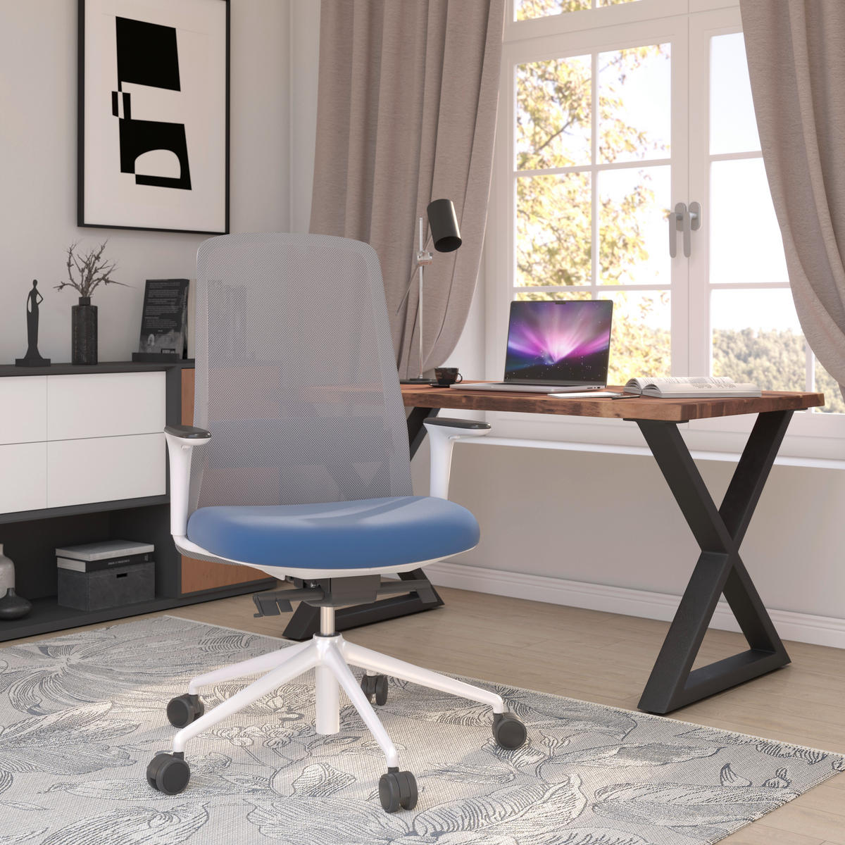 DREHSTUHL Lederlook Blau, Grau, Weiß  - Blau/Weiß, MODERN, Kunststoff/Textil (70/103-115/70cm)