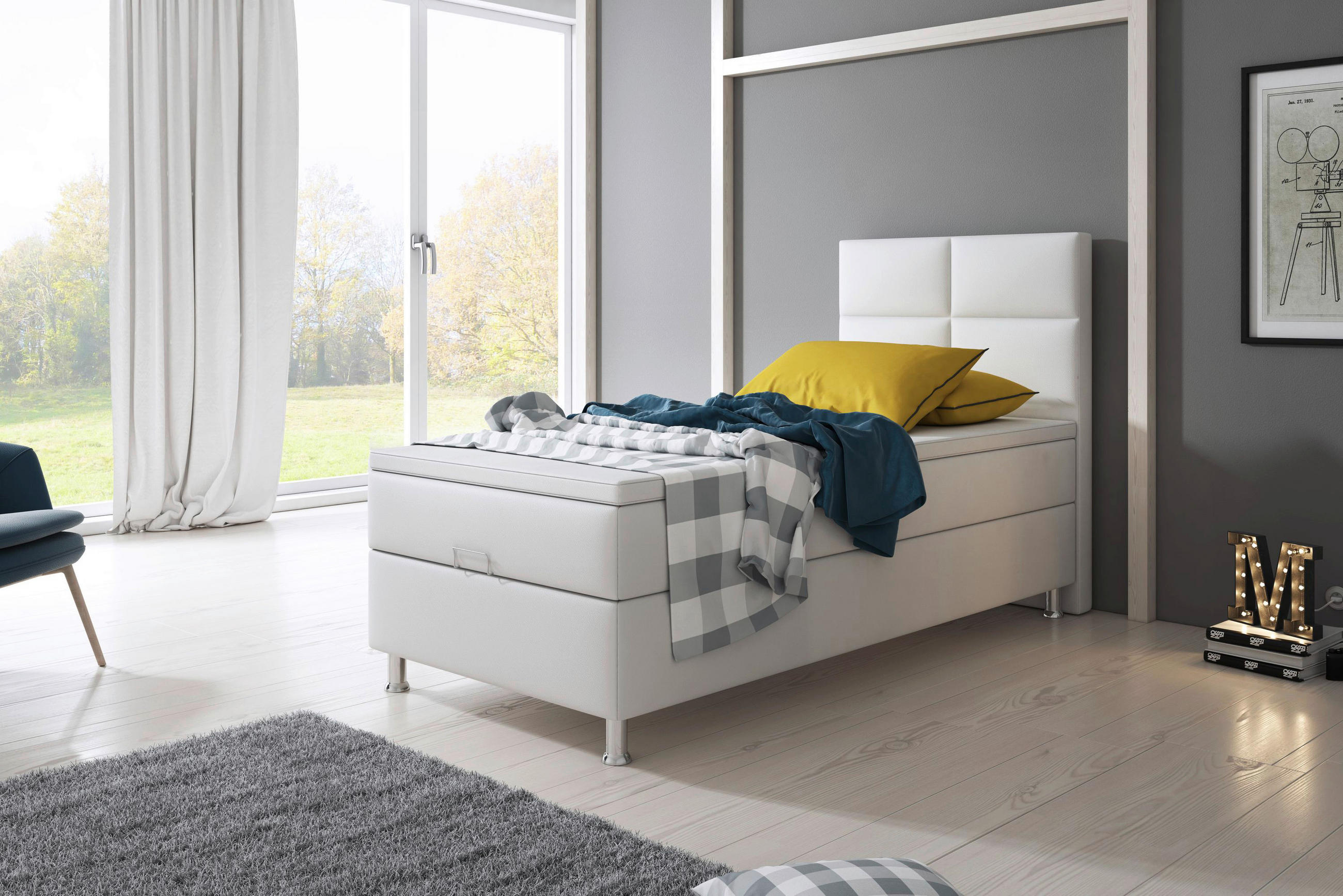 Boxspringbett mit Topper  in Weiß  - Silberfarben/Weiß, KONVENTIONELL, Leder/Textil (90/115/210cm) - MID.YOU