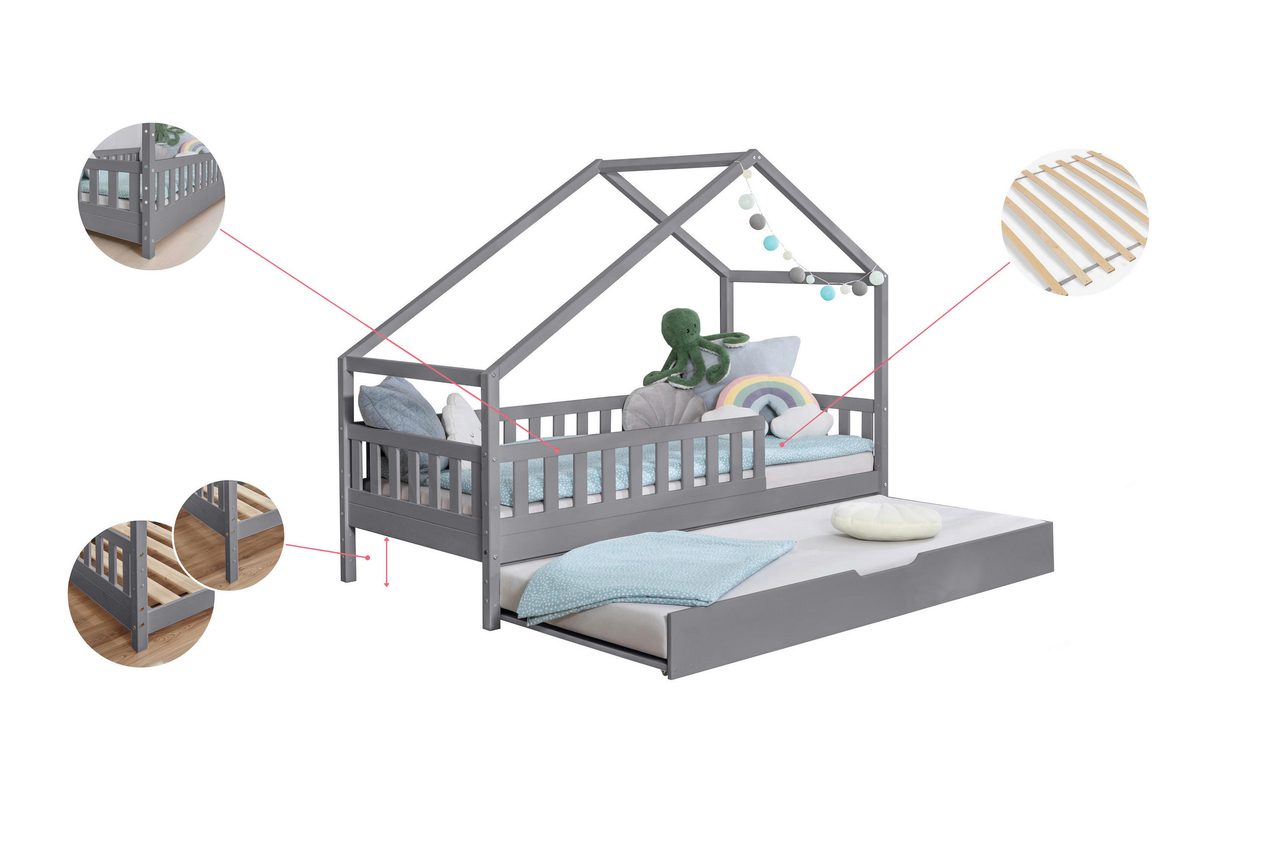 POSTELJA V OBLIKI HIŠE - naravne barve/svetlo siva, Moderno, tekstil/les (90/200cm) - MID.YOU