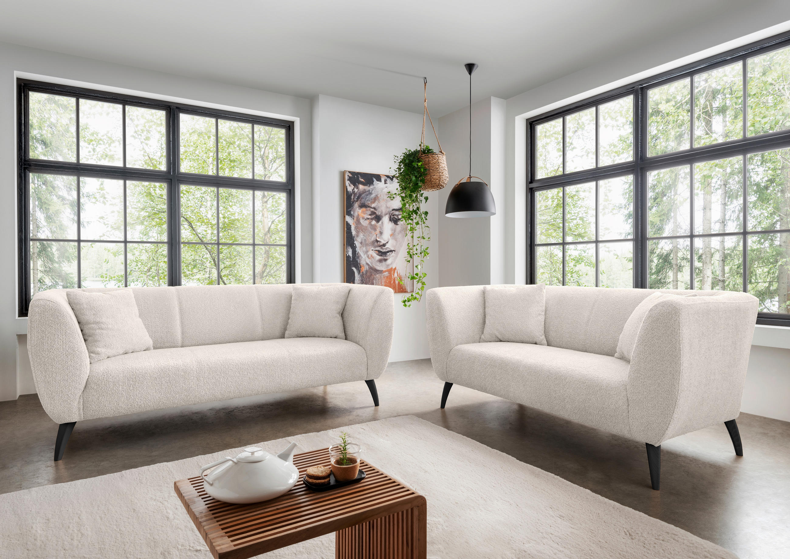 3-SITZER-SOFA in Bouclé Weiss - Weiss/Schwarz, Modern, Holz/Textil (208/83/88cm) - MID.YOU
