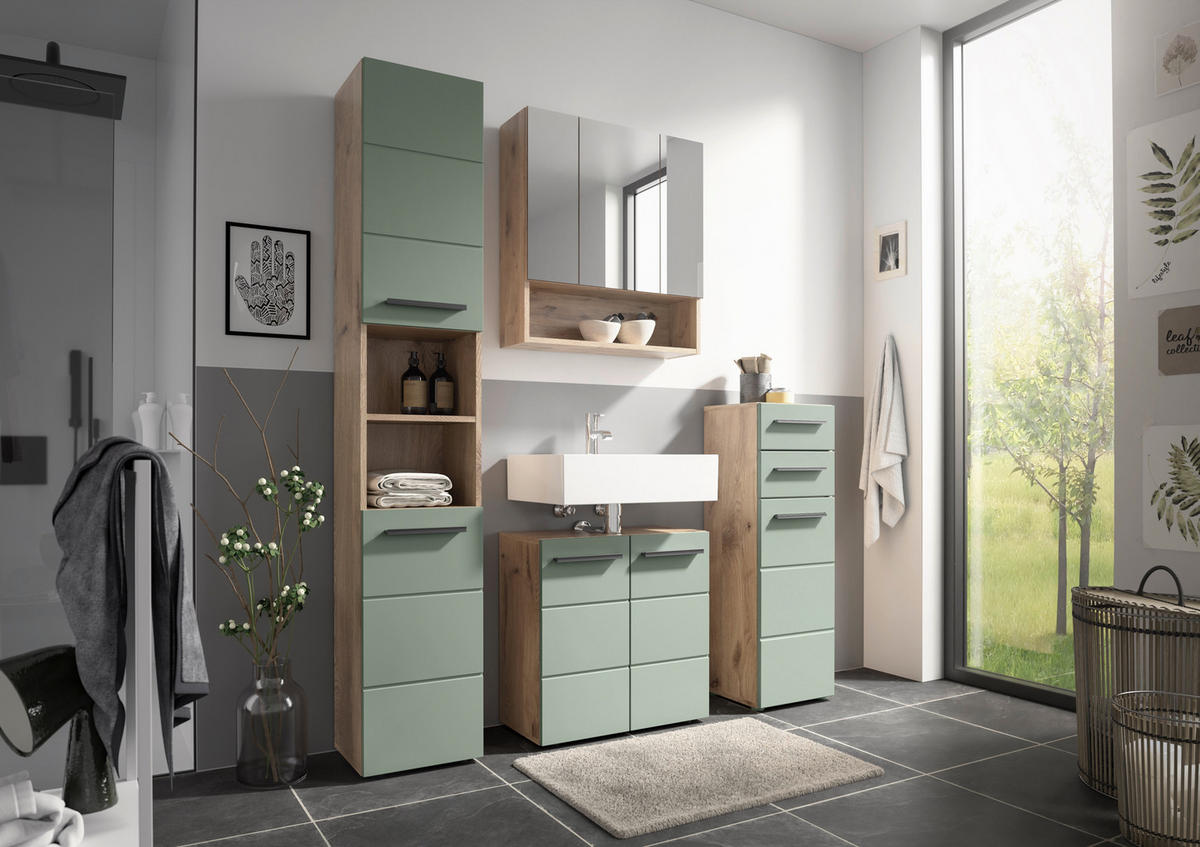 MIDISCHRANK 34/104/31 cm  - Schilfgrün/Eichefarben, Basics, Holzwerkstoff/Kunststoff (34/104/31cm) - MID.YOU