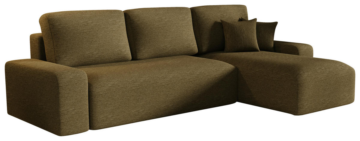 ECKSOFA Khaki Bouclé Zierkissen, Rückenkissen, Bettkasten, Schlaffunktion, Rücken echt, Stauraum  - Khaki/Schwarz, MODERN, Kunststoff/Textil (248/143cm) - Xora