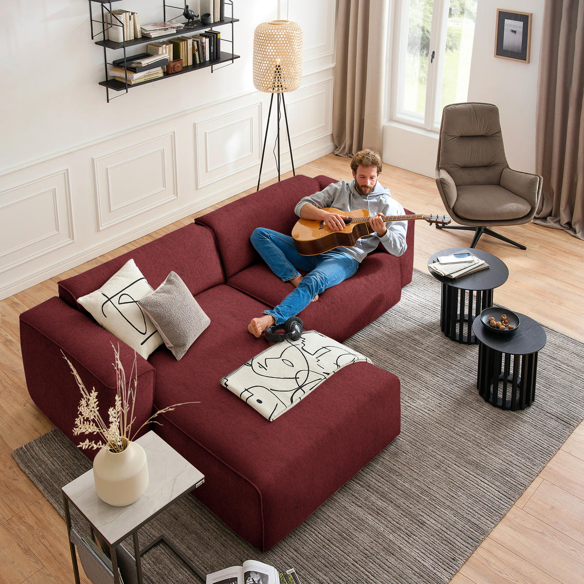 ECKSOFA in Webstoff Rot  171/265 cm  - Rot/Schwarz, Design, Kunststoff/Textil (171/265cm) - home24