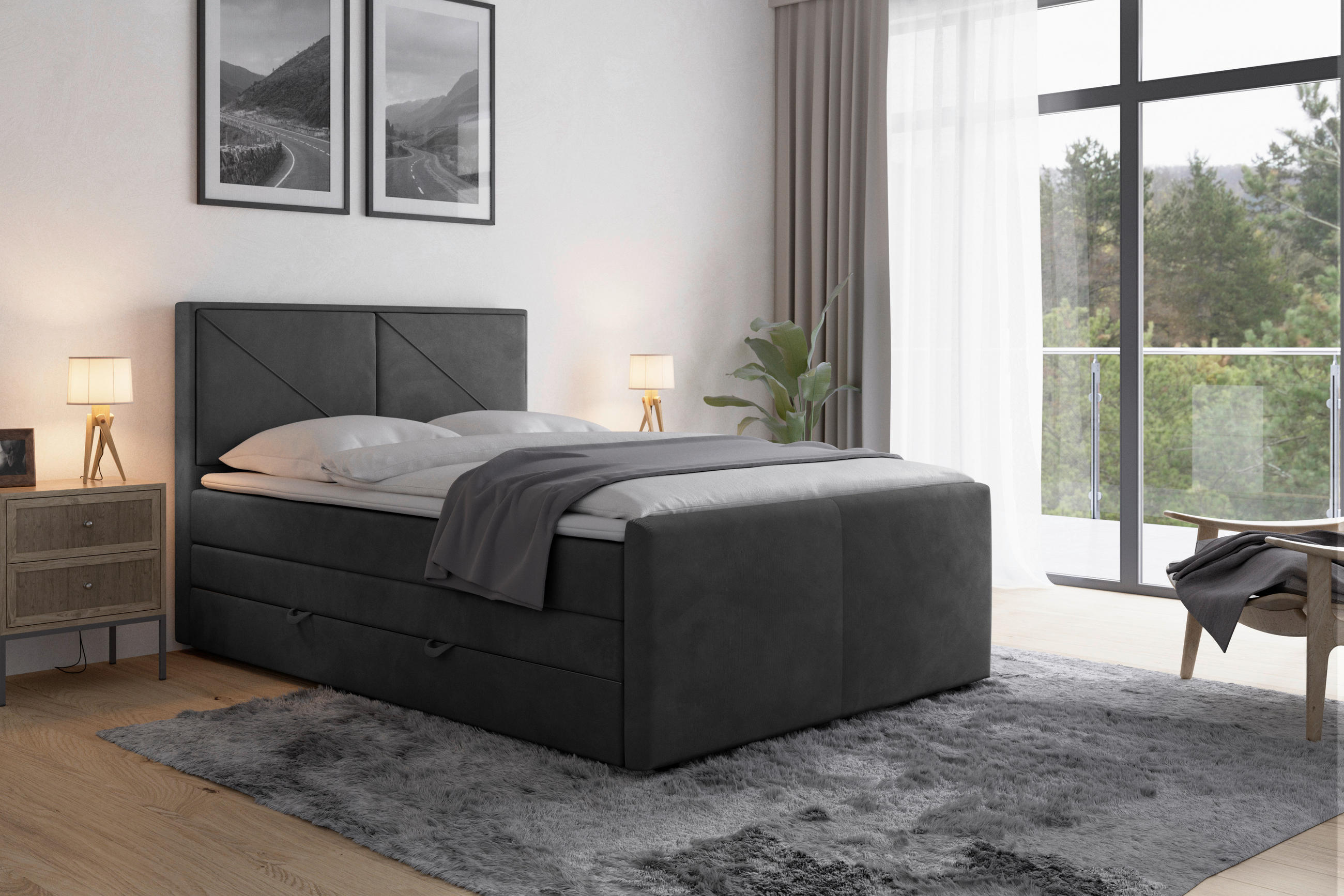 Thumbnail - Mid.you Boxspringbett, Schwarz, Textil, Birke, Buche,Birke, Buche, H2, Höhe ca. 20 cm, 140x200 cm, Federkernmatratze, St...