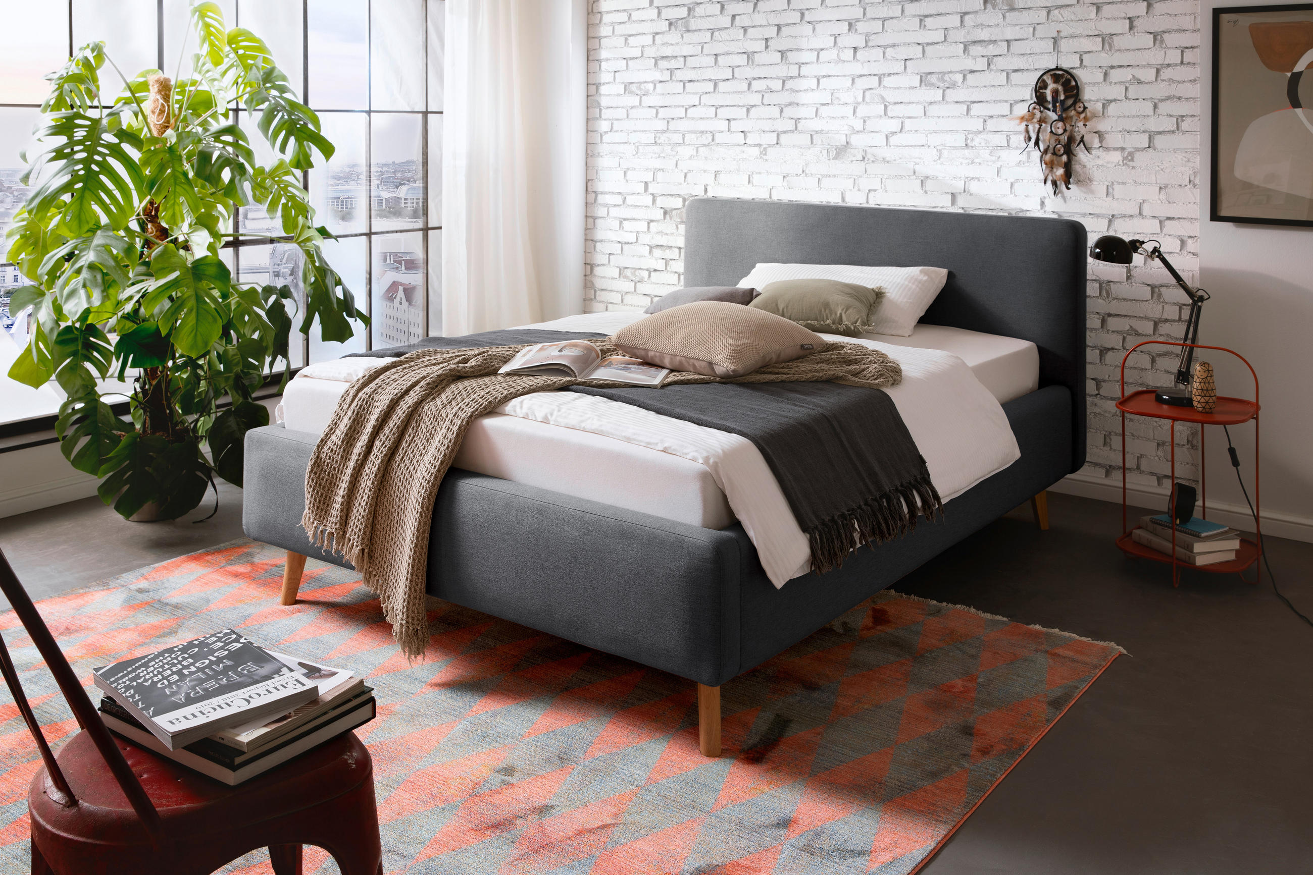 POLSTERBETT 140/200 cm,  in Anthrazit, Lattenrost, Bettkasten,  - Eichefarben/Anthrazit, Design, Holz/Textil (140/200cm) - Livetastic