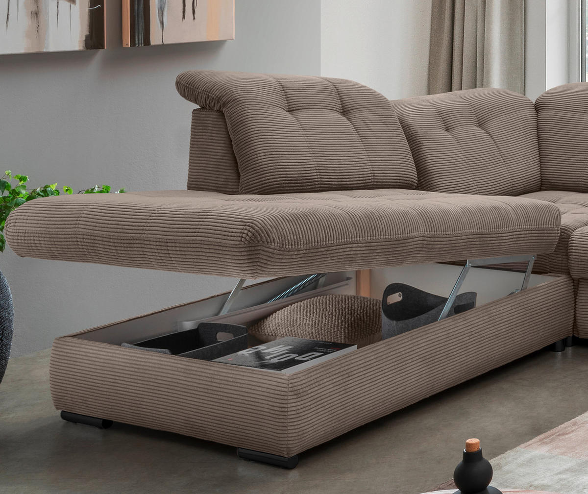 WOHNLANDSCHAFT in Cord Graubraun  - Graubraun/Schwarz, Modern, Textil/Metall (252/387/184cm) - Livetastic