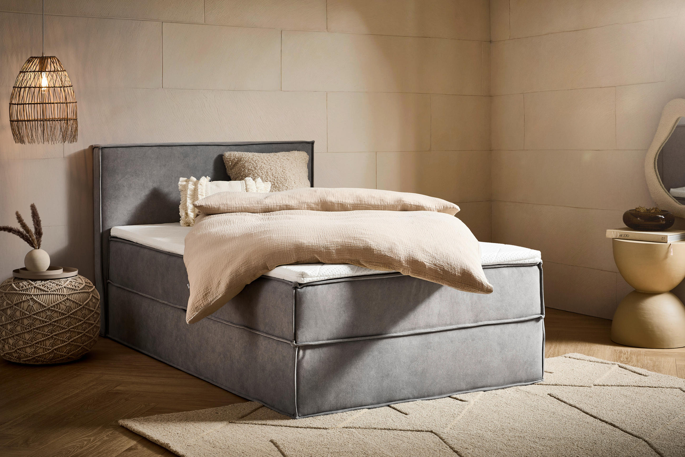 BOXBETT 120/200 cm,  in Hellgrau, Bettkasten, Topper, H3 = fest  - Hellgrau/Schwarz, Design, Kunststoff/Textil (120/200cm) - Chameo