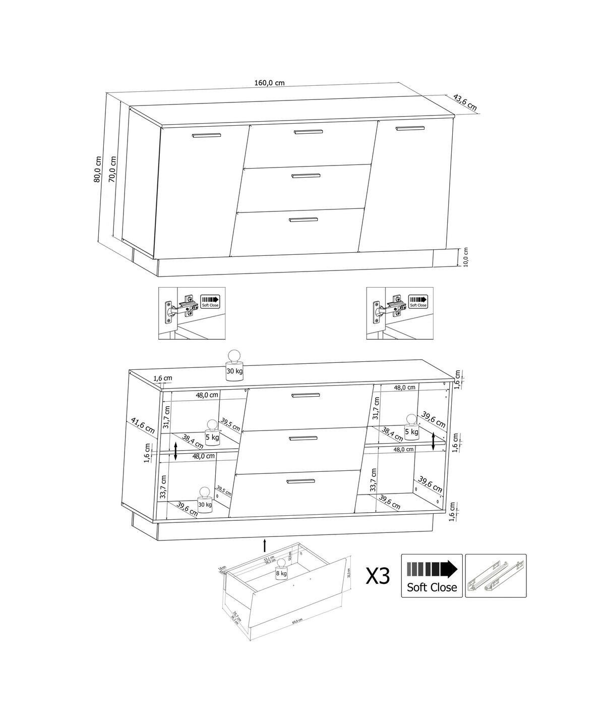 SIDEBOARD  in 160/80/43,6 cm  - Weiß Hochglanz/Schwarz, LIFESTYLE, Holzwerkstoff/Kunststoff (160/80/43,6cm) - Livetastic