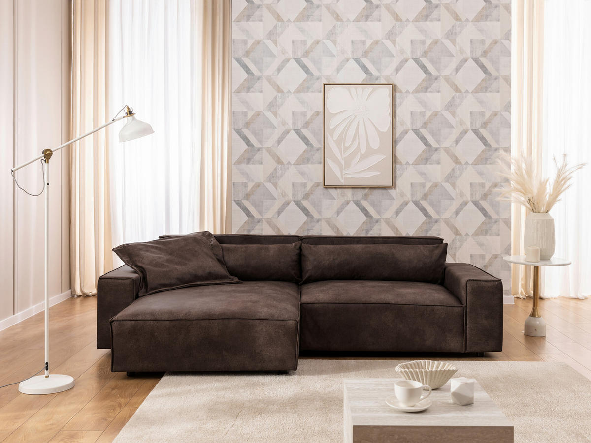 ECKSOFA Curduroy in Lederlook Dunkelbraun Rückenkissen  251/142 cm  - Dunkelbraun/Schwarz, Design, Kunststoff/Textil (251/142cm) - P & B