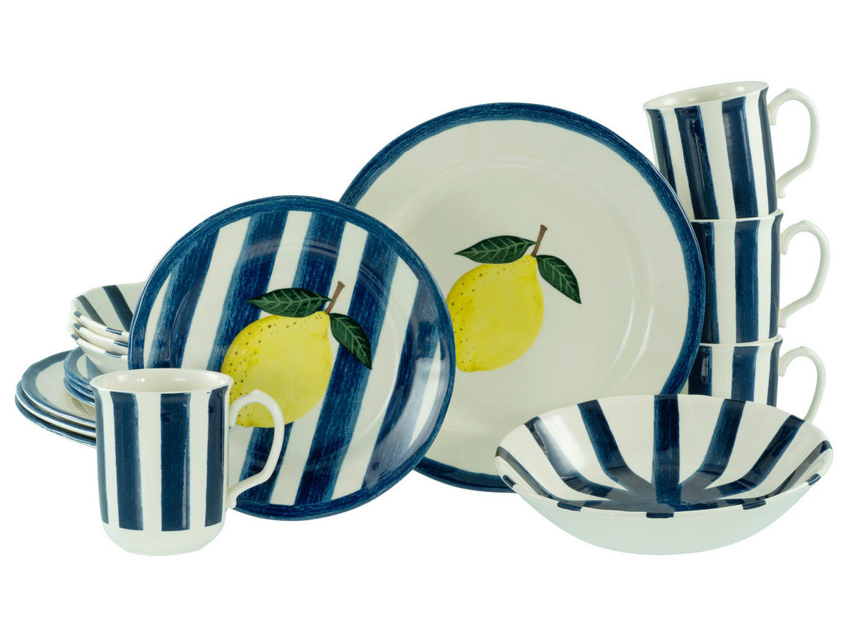 KOMPLETT SERVIS Summer Stripes Blau 16 delar  - gråvit/blå, Basics, keramik - Creatable