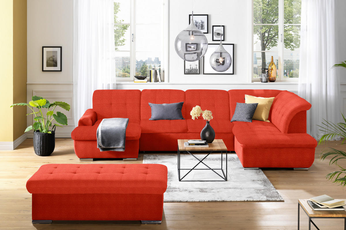 WOHNLANDSCHAFT in Flachgewebe Rot  - Silberfarben/Rot, Design, Textil/Metall (145/342/208cm) - Cantus