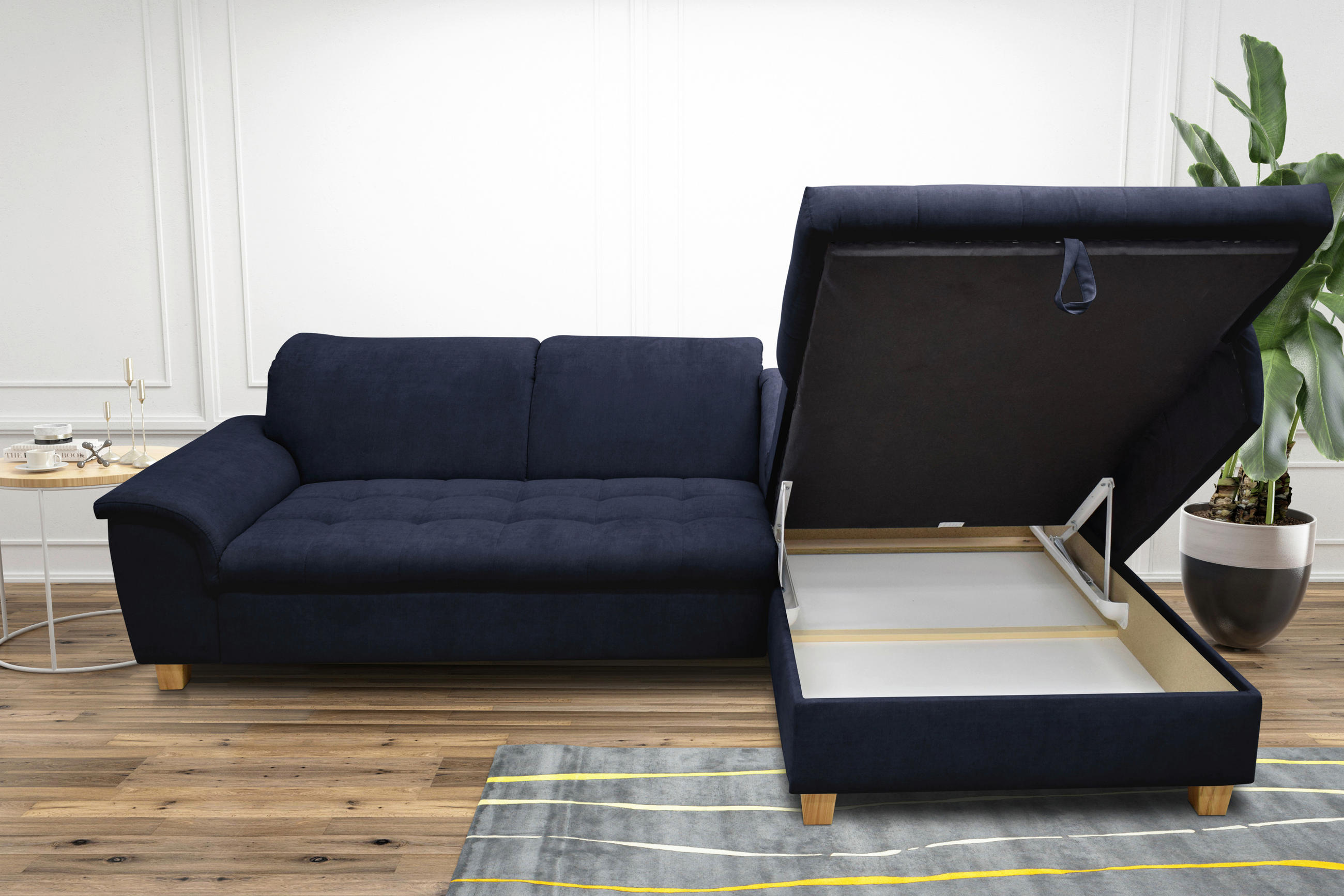 ECKSOFA Dunkelblau Mikrofaser  - Eichefarben/Dunkelblau, KONVENTIONELL, Holz/Textil (279/170cm) - MID.YOU