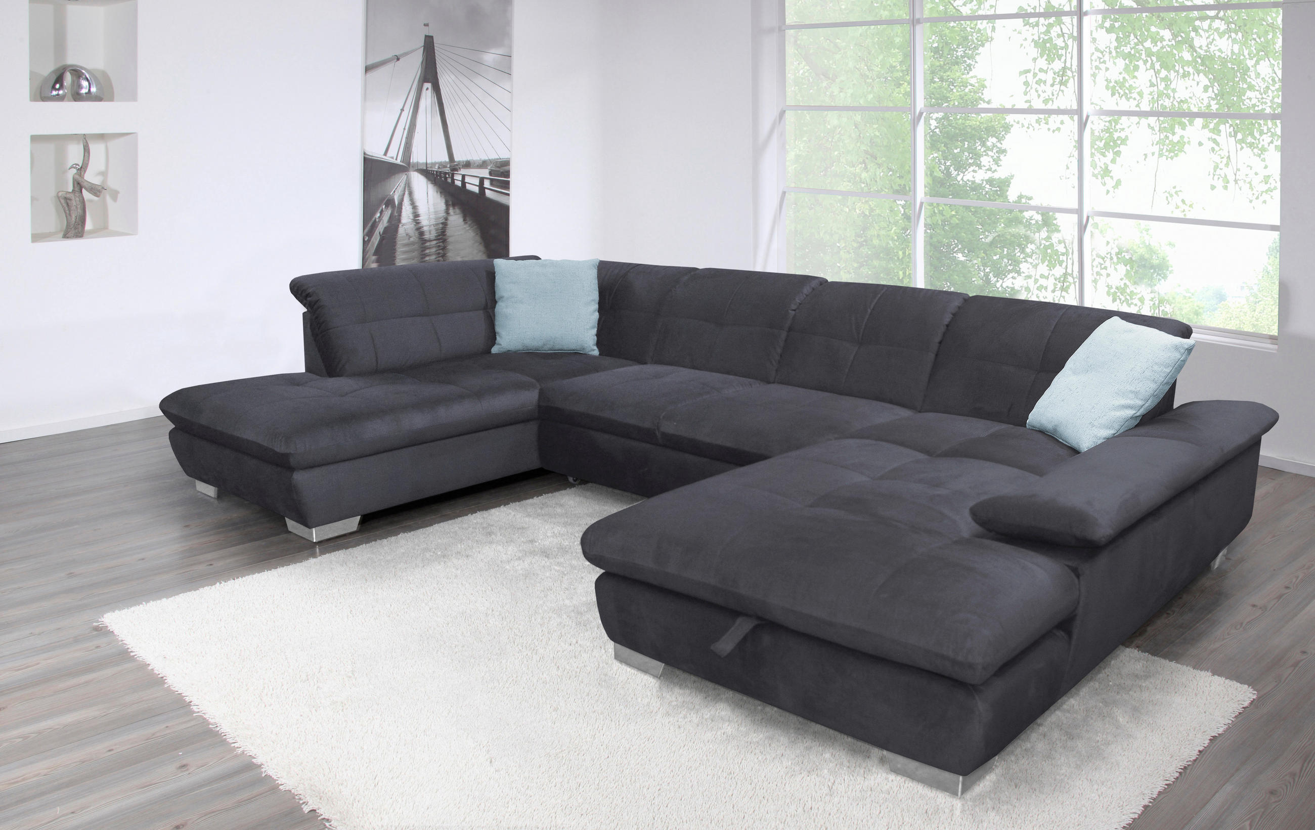 SEDEŽNA GARNITURA, velur temno siva  - barve kroma/temno siva, Design, tekstil (343cm) - Xora