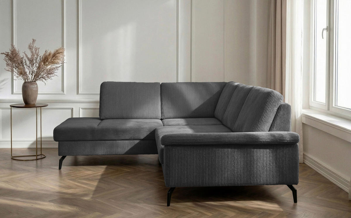 ECKSOFA Anthrazit Velours Bettkasten, Sitzvorzug  - Anthrazit/Schwarz, KONVENTIONELL, Textil/Metall (206/253cm) - Venda