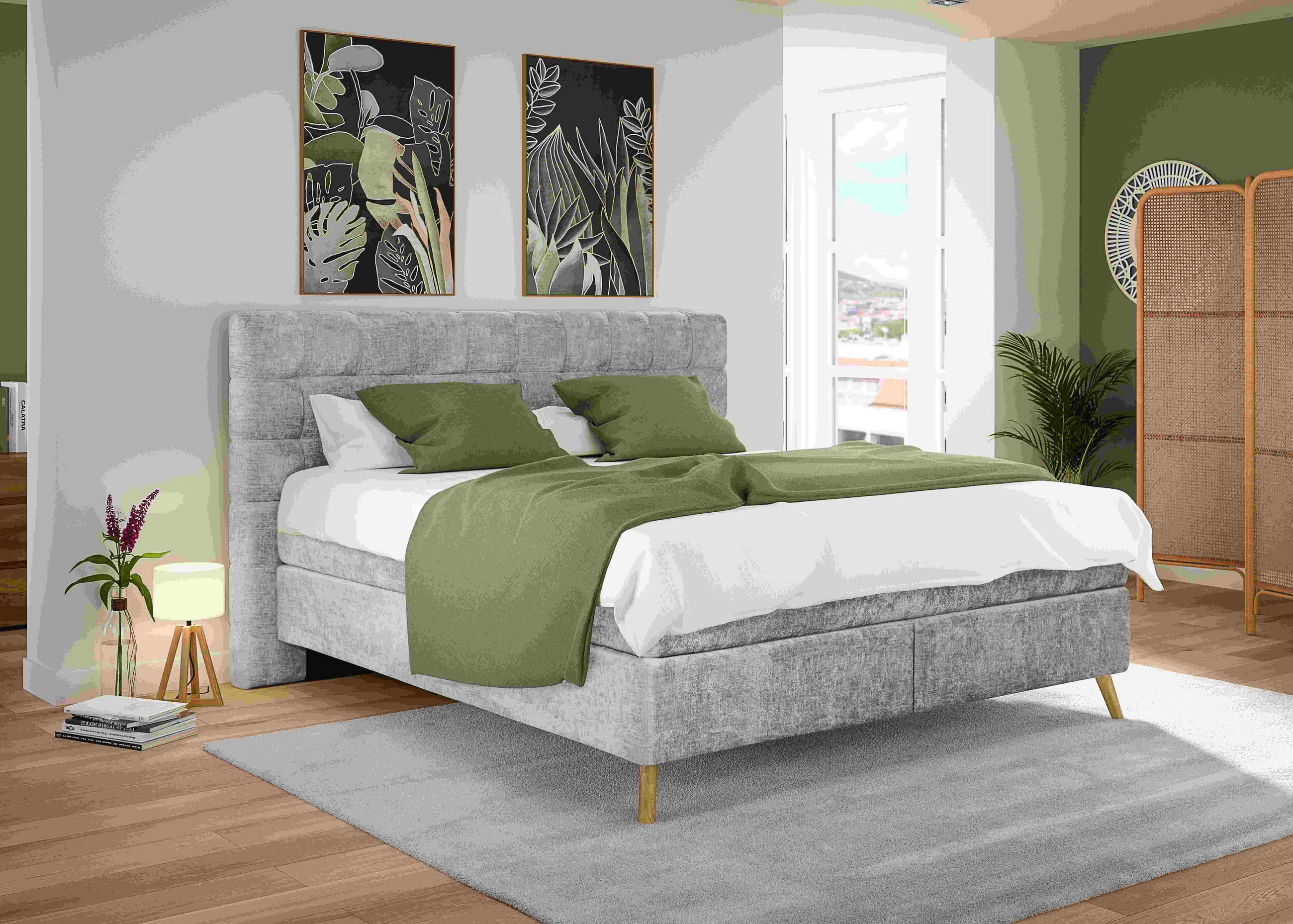 BOXSPRINGBETT 180/200 cm  in Hellgrau  - Eichefarben/Hellgrau, Design, Holz/Textil (180/200cm) - Esposa