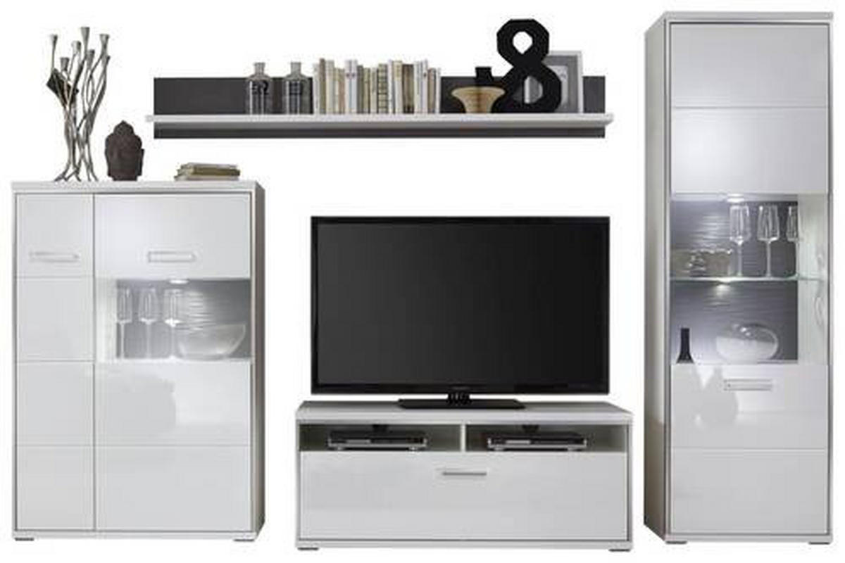 WOHNWAND  in Grau, Silberfarben, Weiss 301/201/52 cm  - Weiss Hochglanz/Weiss, Design, Glas/Holzwerkstoff (301/201/52cm) - Livetastic