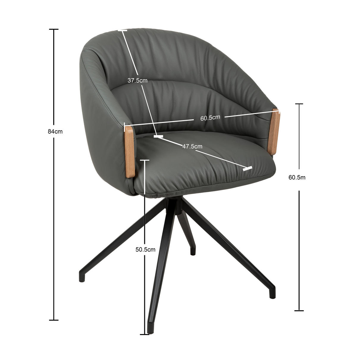 ARMLEHNSTUHL  Sitzfläche 360° drehbar, automatische Rückholfunktion  Echtleder  - Anthrazit/Schwarz, Design, Leder/Holz (61/84/62cm) - Valnatura