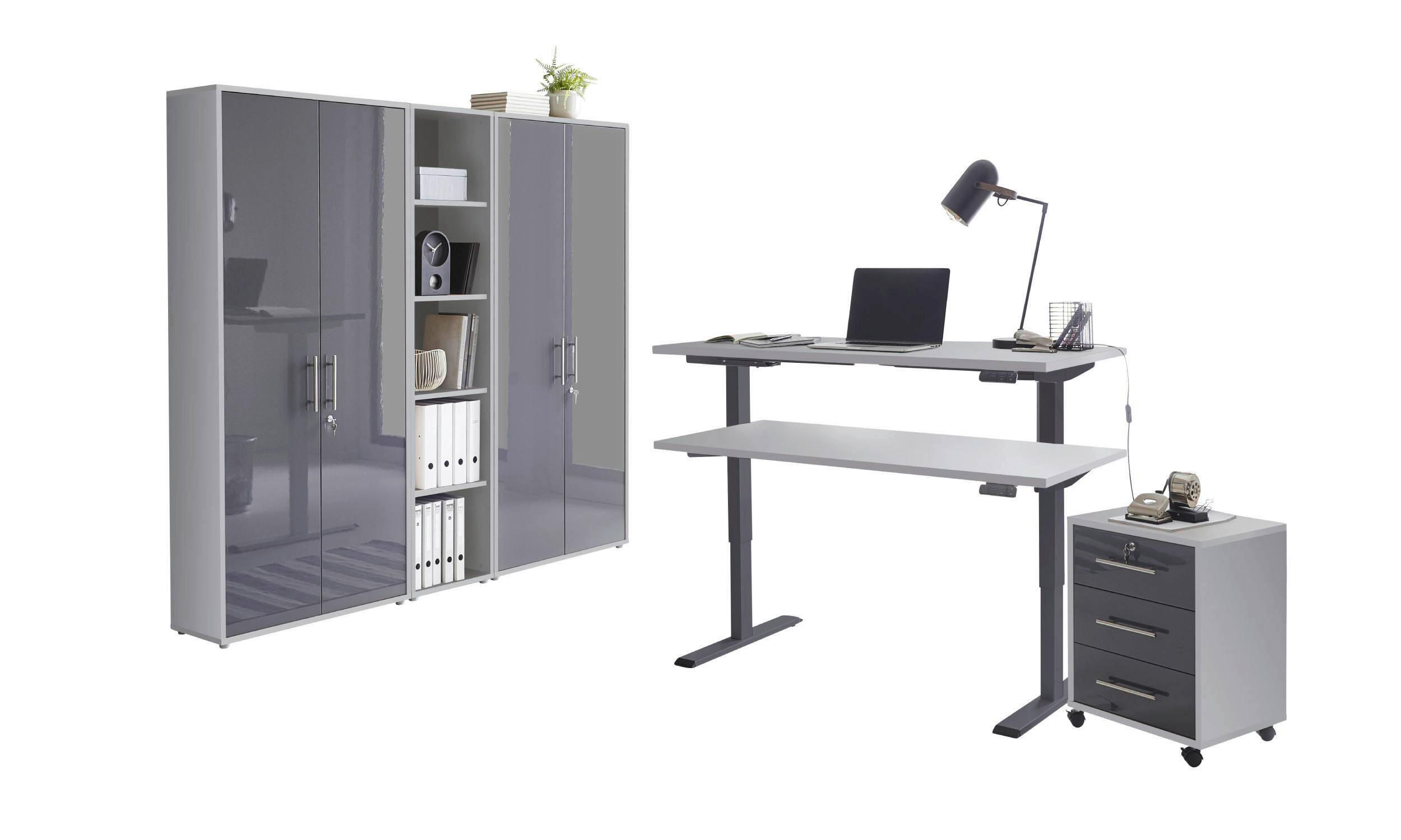 BÜRO erweiterbar, abschließbar Grau, Anthrazit Hochglanz - Anthrazit Hochglanz/Grau, MODERN, Holzwerkstoff/Metall - MID.YOU