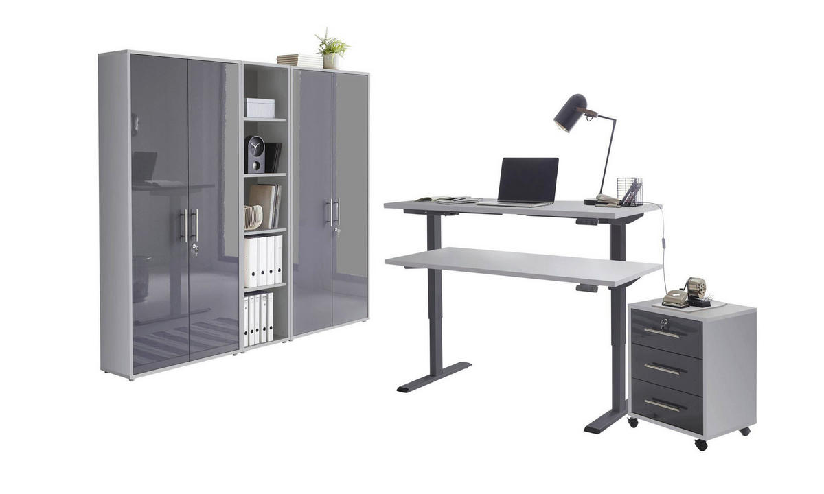 BÜRO erweiterbar, abschließbar Grau, Anthrazit Hochglanz - Anthrazit Hochglanz/Grau, MODERN, Holzwerkstoff/Metall - MID.YOU