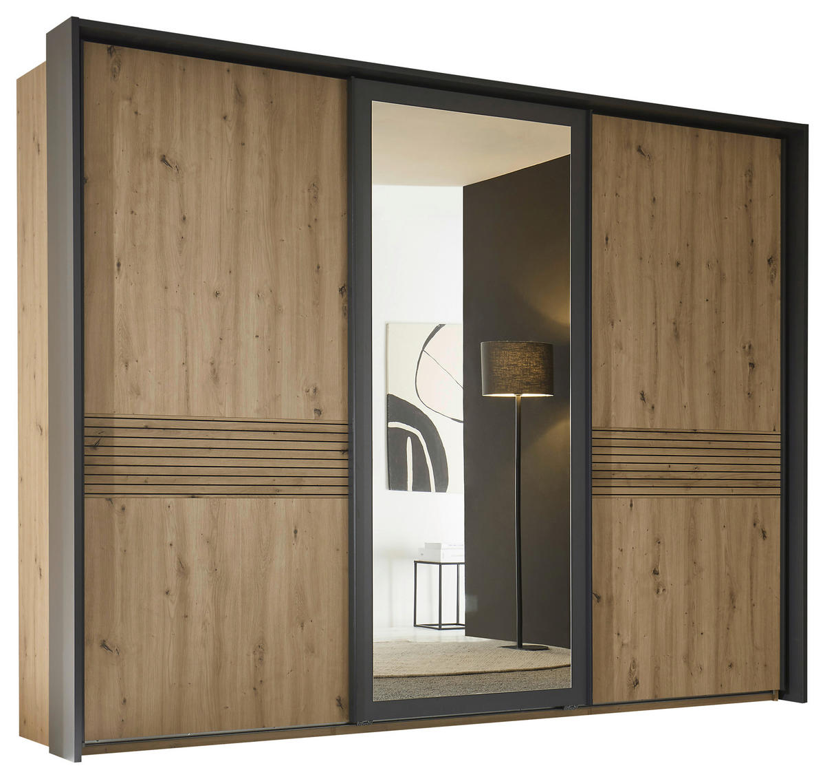 SCHWEBETÜRENSCHRANK 270/210/63 cm 3-türig Graphitfarben, Eiche Artisan  - Graphitfarben/Eiche Artisan, KONVENTIONELL, Glas/Holzwerkstoff (270/210/63cm) - Boxxx