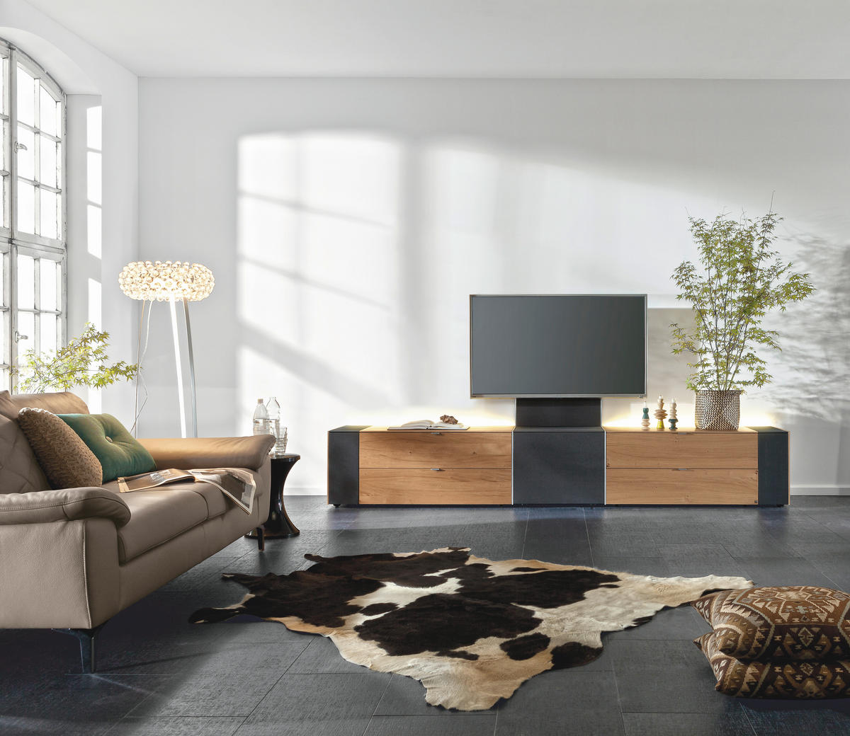 TV-ELEMENT Q-Media Holz, Textil Schwarz, Eichefarben  - Eichefarben/Alufarben, Design, Holz/Textil (303cm) - Musterring