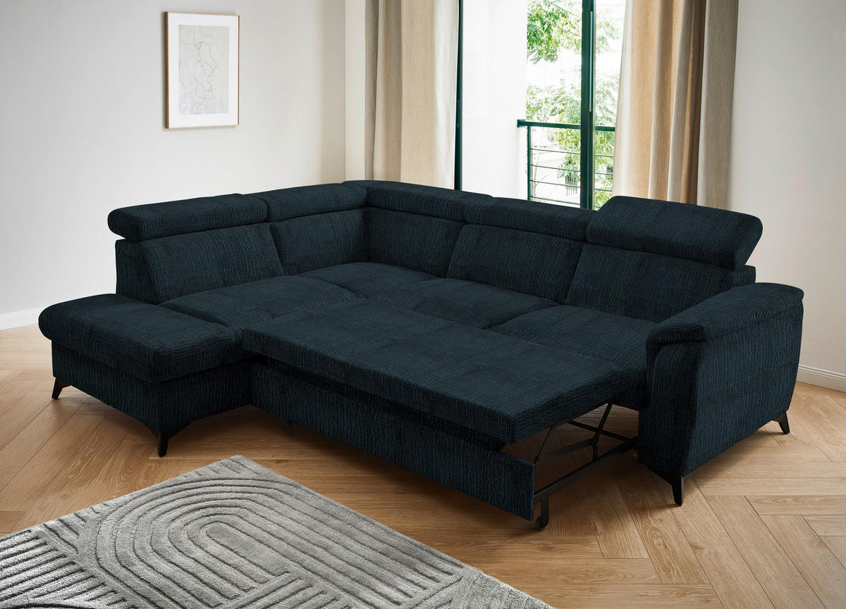 ECKSOFA in Flachgewebe Dunkelblau  - Schwarz/Dunkelblau, Design, Textil/Metall (203/260cm) - Stylife