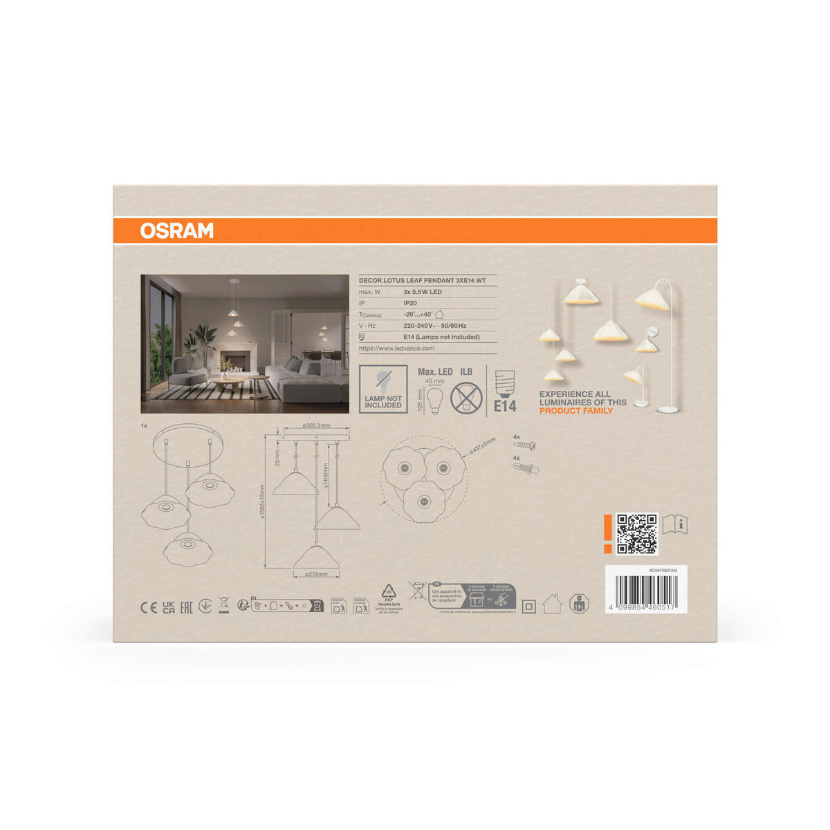 HÄNGELEUCHTE 43,7/156,2 cm  - Weiß, Design, Papier/Metall (43,7/156,2cm) - Osram