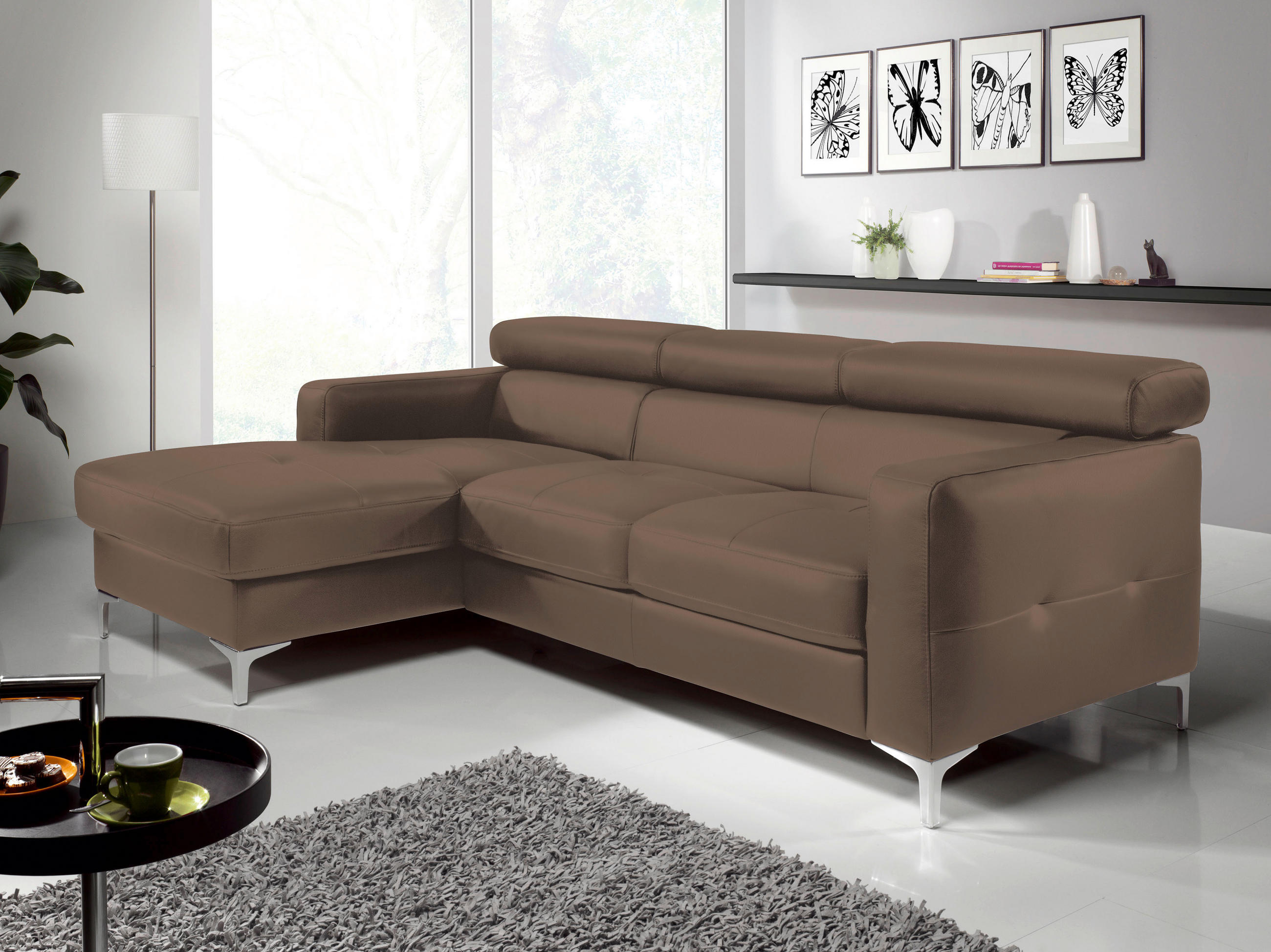ECKSOFA in Echtleder Graubraun  - Chromfarben/Graubraun, Design, Leder/Metall (169/226cm) - Livetastic