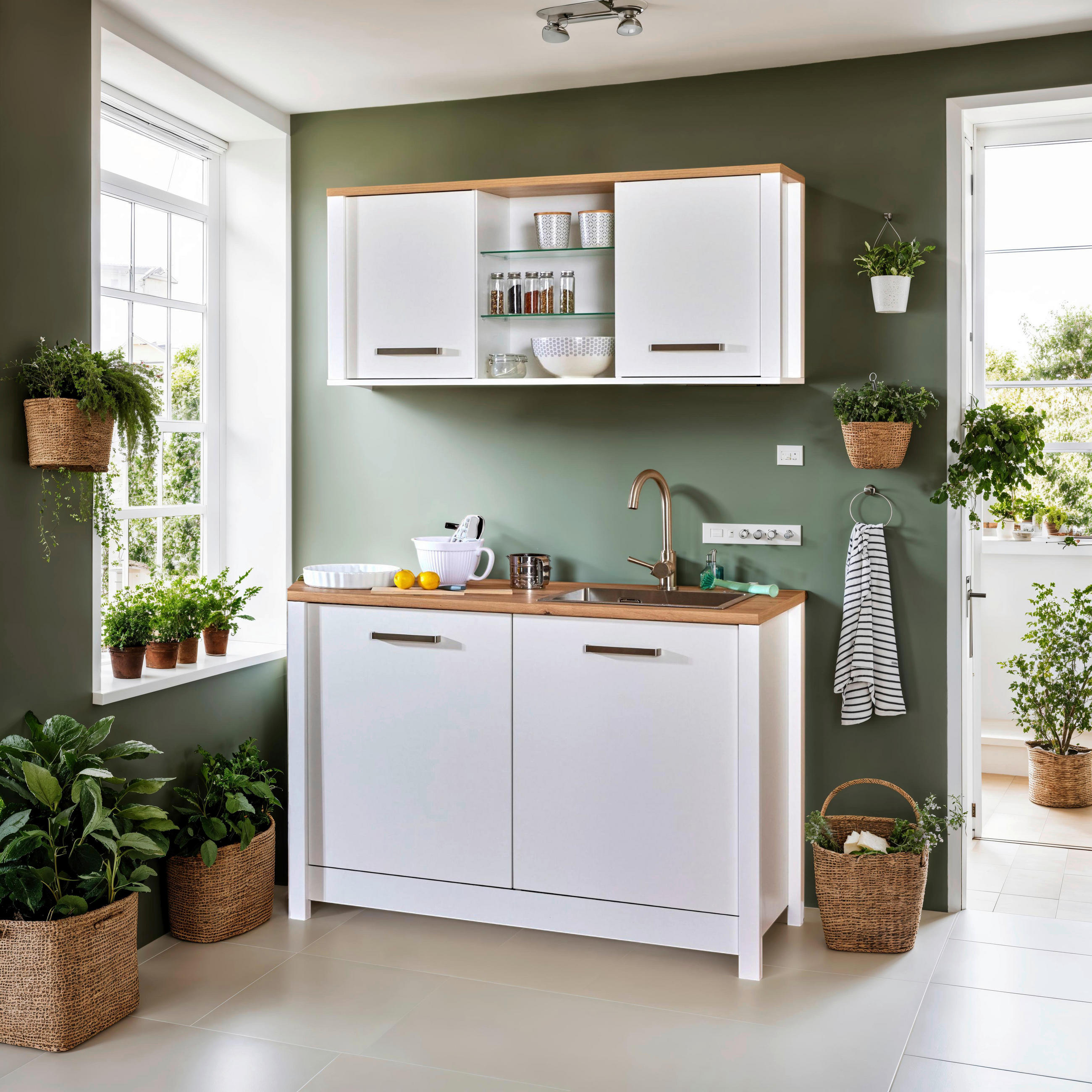 MINIKÜCHE  130/92/60 cm  in Weiß, Eiche Artisan  - Silberfarben/Weiß, MODERN, Glas/Holzwerkstoff (130cm) - home24