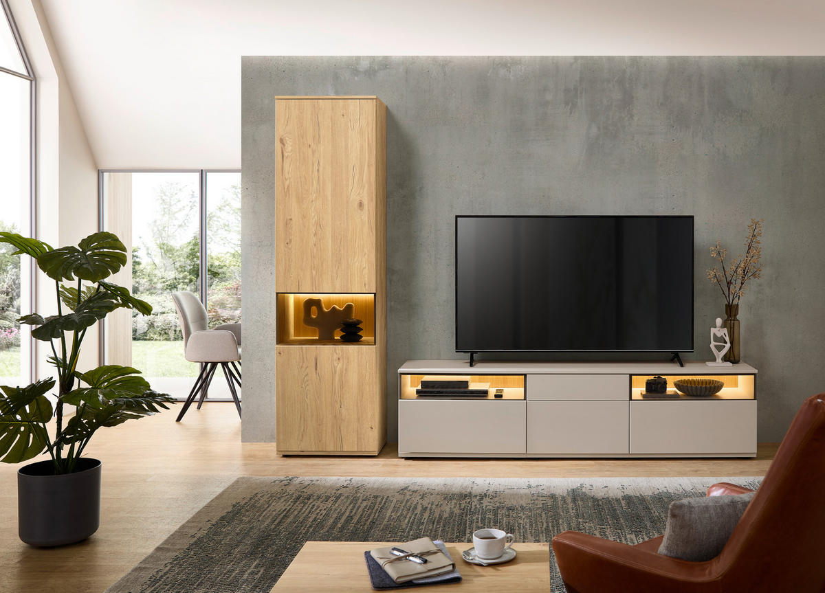 WOHNWAND  in Grau, Eichefarben  285/215/45 cm  - Eichefarben/Schwarz, KONVENTIONELL, Glas/Holzwerkstoff (285/215/45cm) - Venda