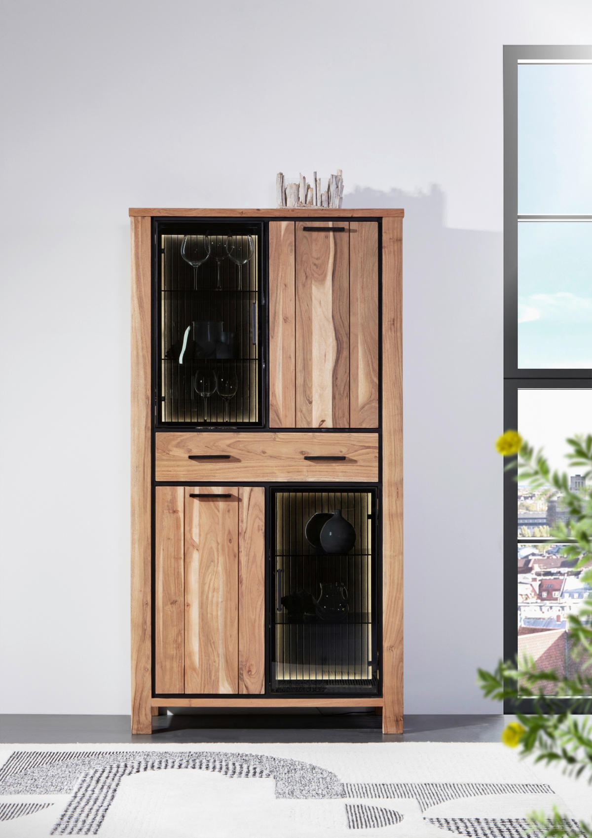 VITRINE  in massiv Akazie Akaziefarben - Schwarz/Akaziefarben, LIFESTYLE, Glas/Holz (100/190/44cm) - Landscape