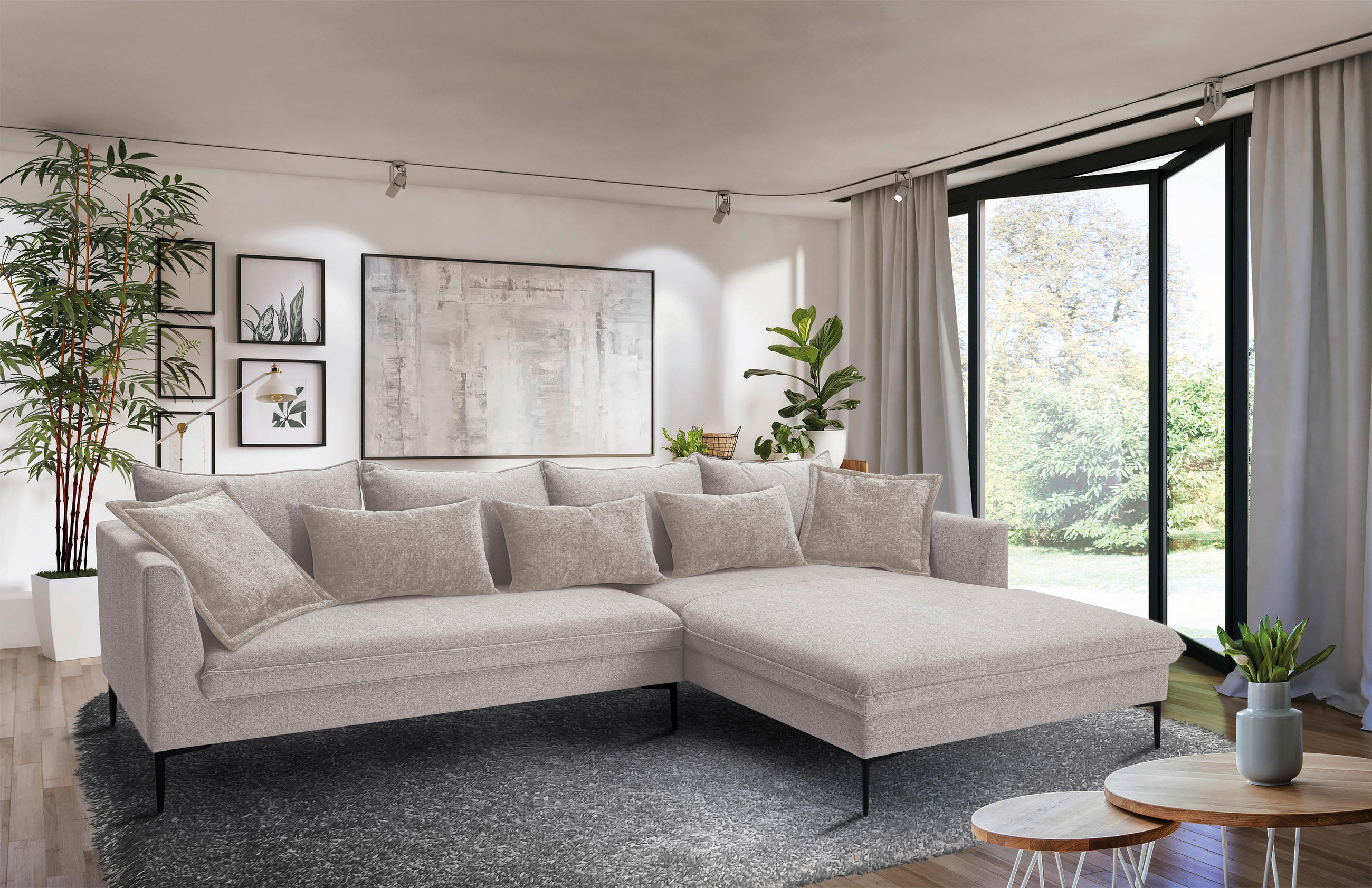 ECKSOFA PIAZZA Beige Flachgewebe  - Beige/Schwarz, Design, Textil/Metall (321/187cm) - Livetastic