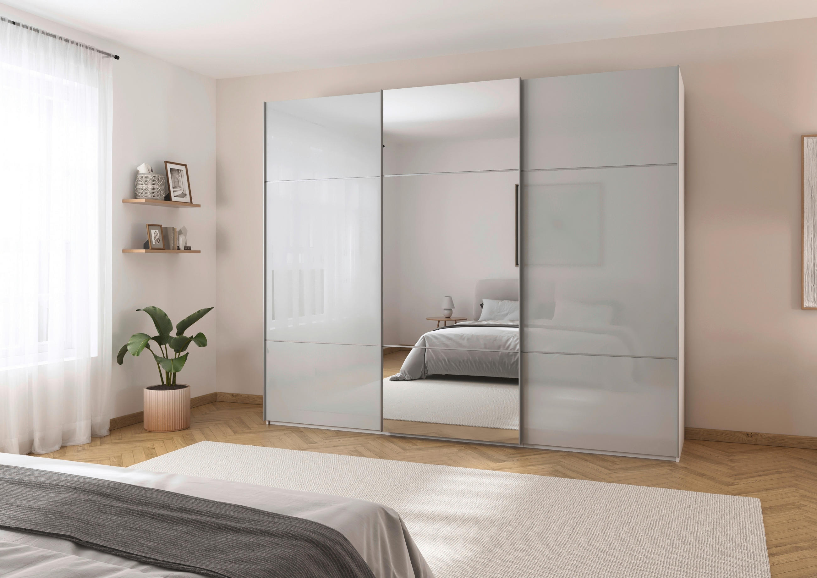 SCHWEBETÜRENSCHRANK in Grau, Weiss  - Weiss/Alufarben, Konventionell, Glas/Holzwerkstoff (242/223/68cm) - Novel