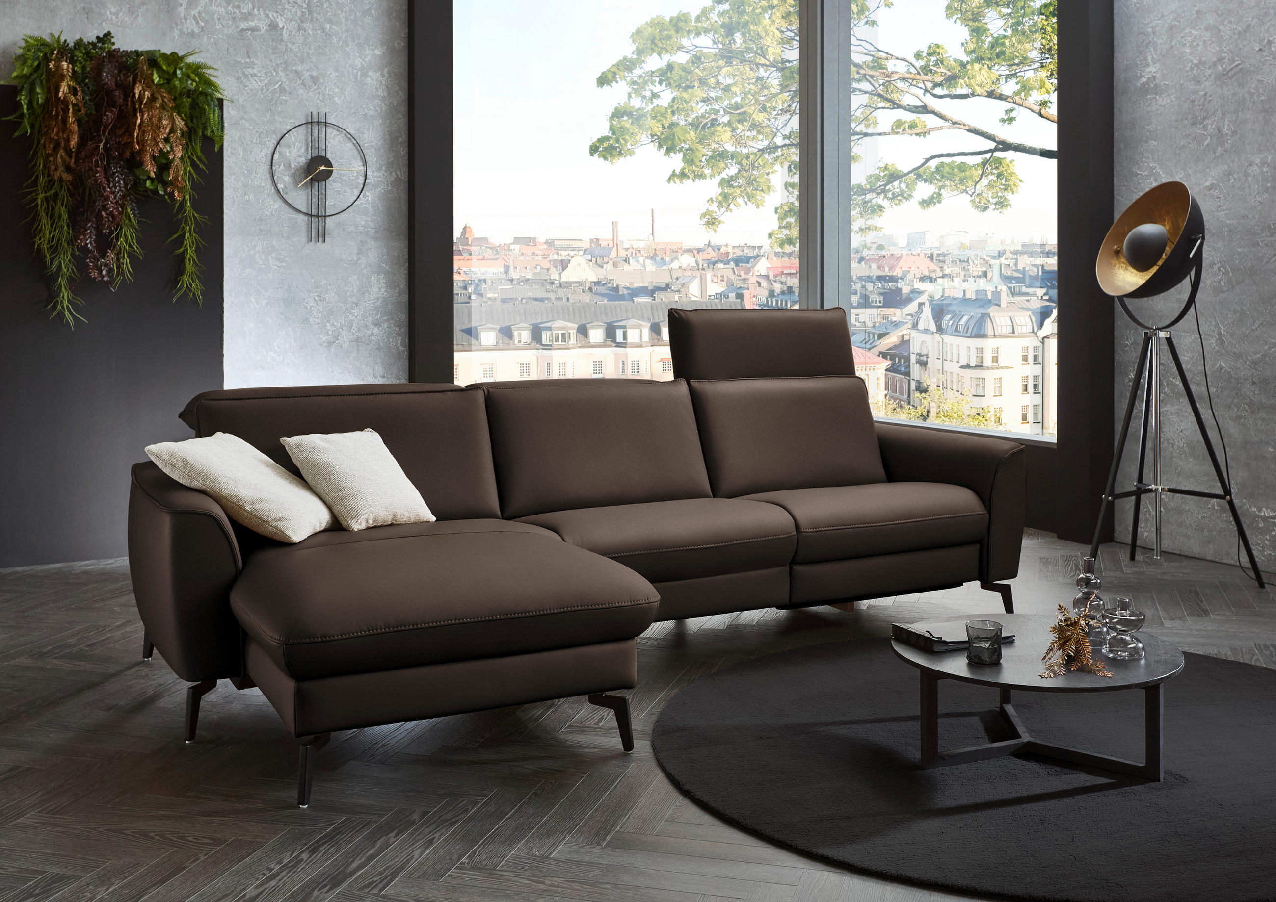 ECKSOFA in Echtleder Dunkelbraun  - Dunkelbraun/Schwarz, Natur, Leder/Metall (168/281cm) - Valdera