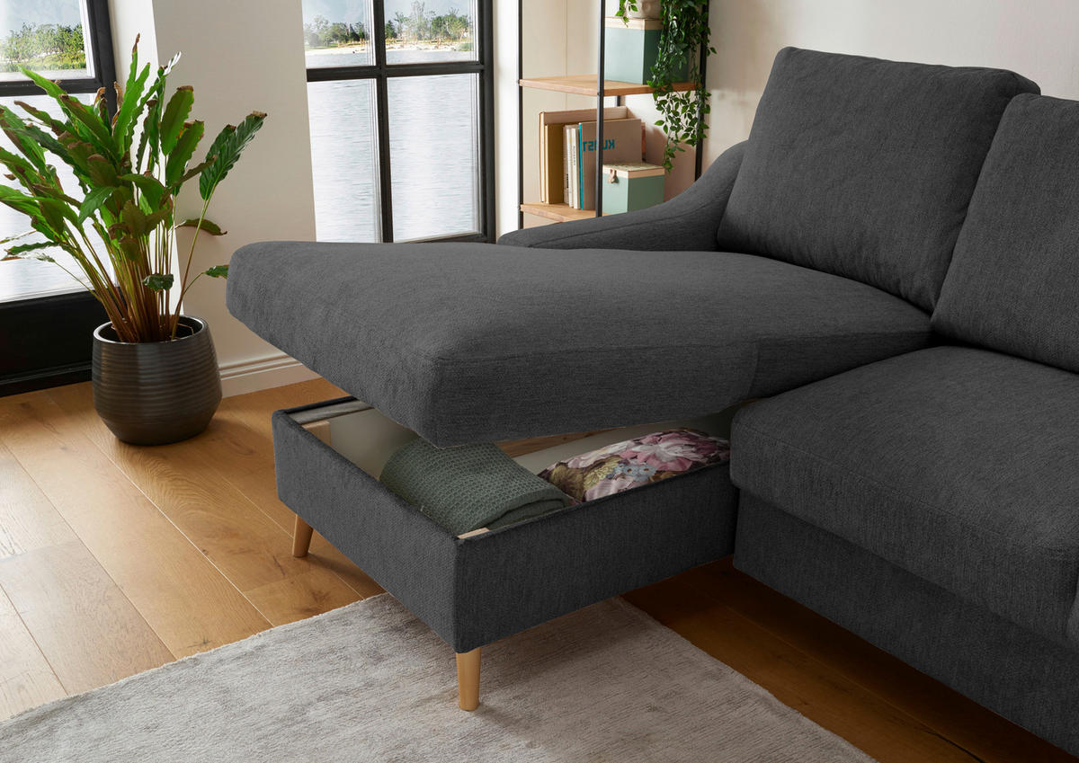 ECKSOFA Mikrofaser Schwarz  - Blau/Schwarz, Design, Holz/Textil (150/228cm) - MID.YOU