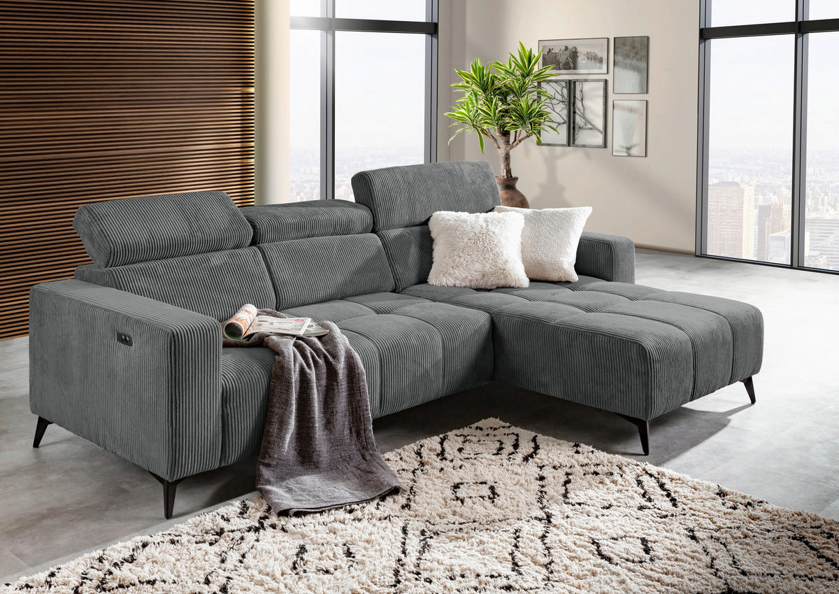 ECKSOFA Dunkelgrau Cord Rücken echt, Kopfteilverstellung, Sitzvorzug  - Dunkelgrau/Schwarz, KONVENTIONELL, Textil/Metall (257/170cm) - Carryhome