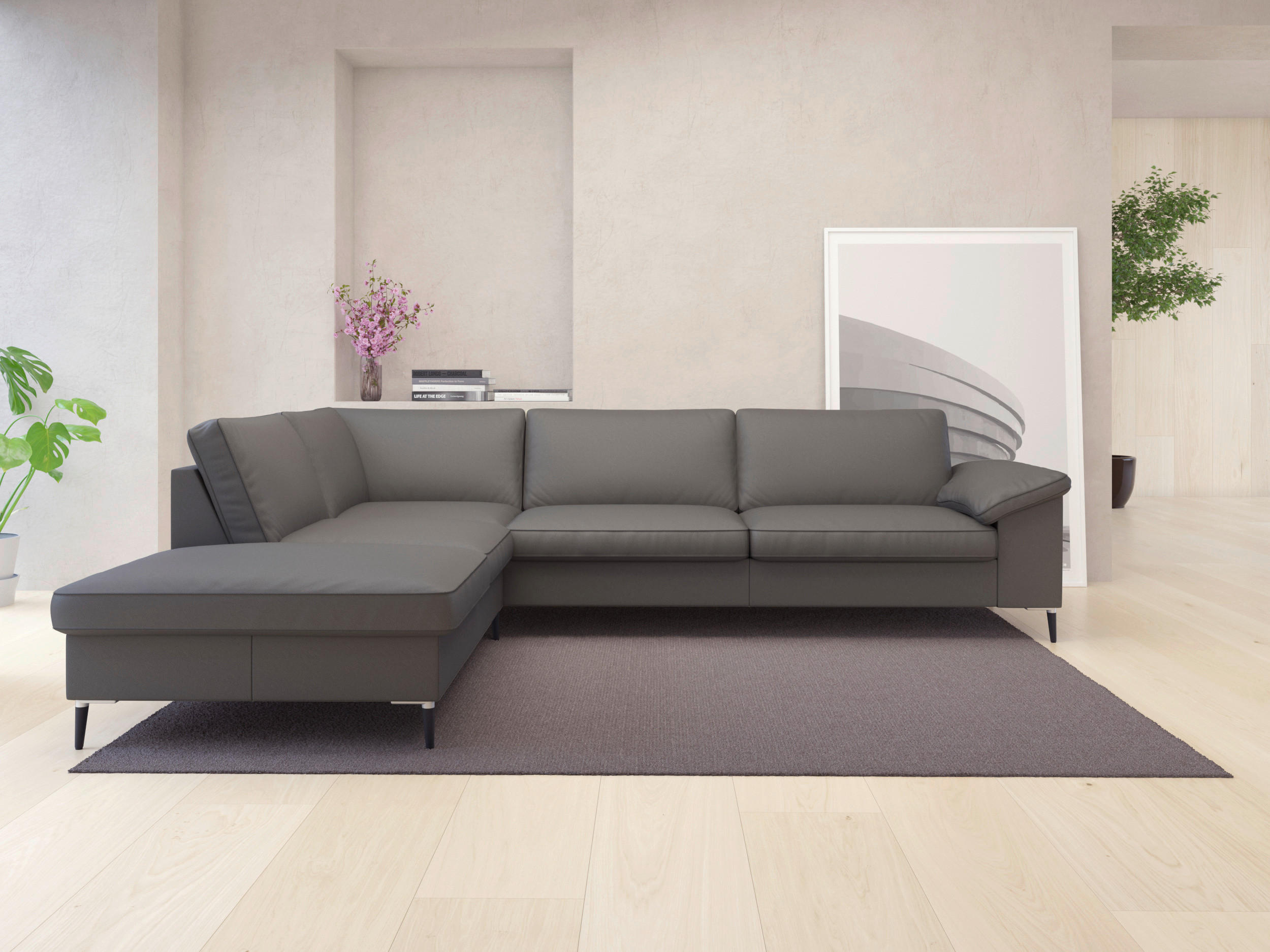 ECKSOFA Dunkelgrau Echtleder  - Dunkelgrau/Schwarz, Design, Leder/Metall (225/279cm) - Livetastic