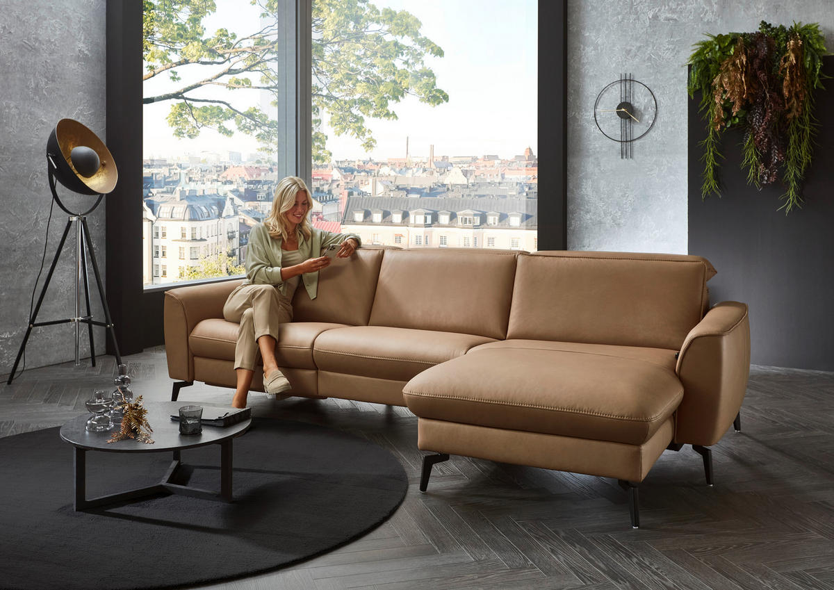 ECKSOFA in Echtleder Haselnussfarben  - Schwarz/Haselnussfarben, Natur, Leder/Metall (281/168cm) - Valdera
