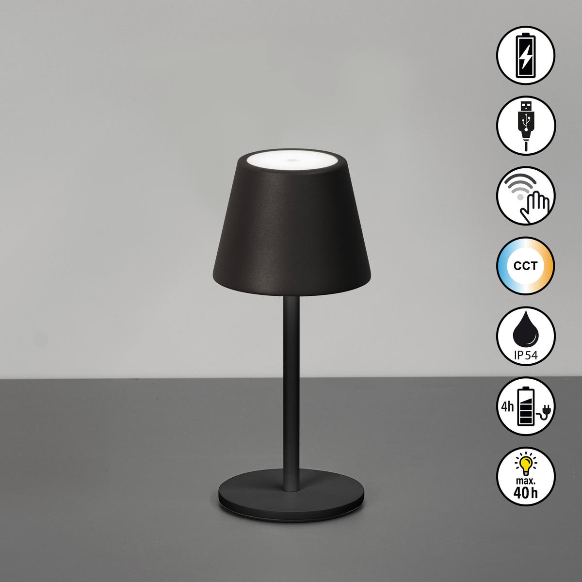 AKKU-TISCHLEUCHTE Salerno 8,5/20 cm  - Graubraun/Schwarz, Design, Metall (8,5/20cm)