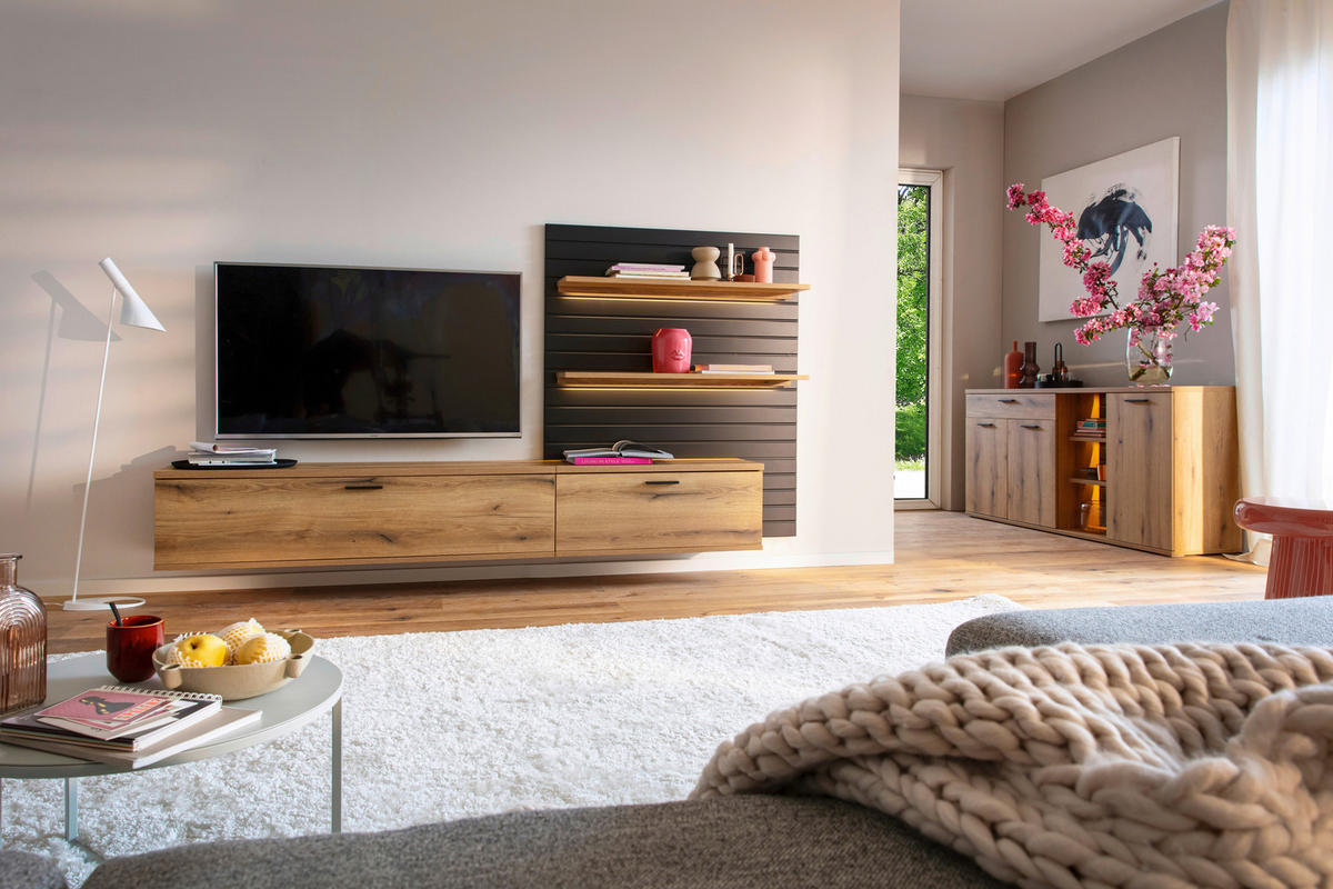 WOHNWAND 2-teilig  in Grau, Eichefarben  270/159/37 cm  - Eichefarben/Anthrazit, Design, Holzwerkstoff/Metall (270/159/37cm) - home24