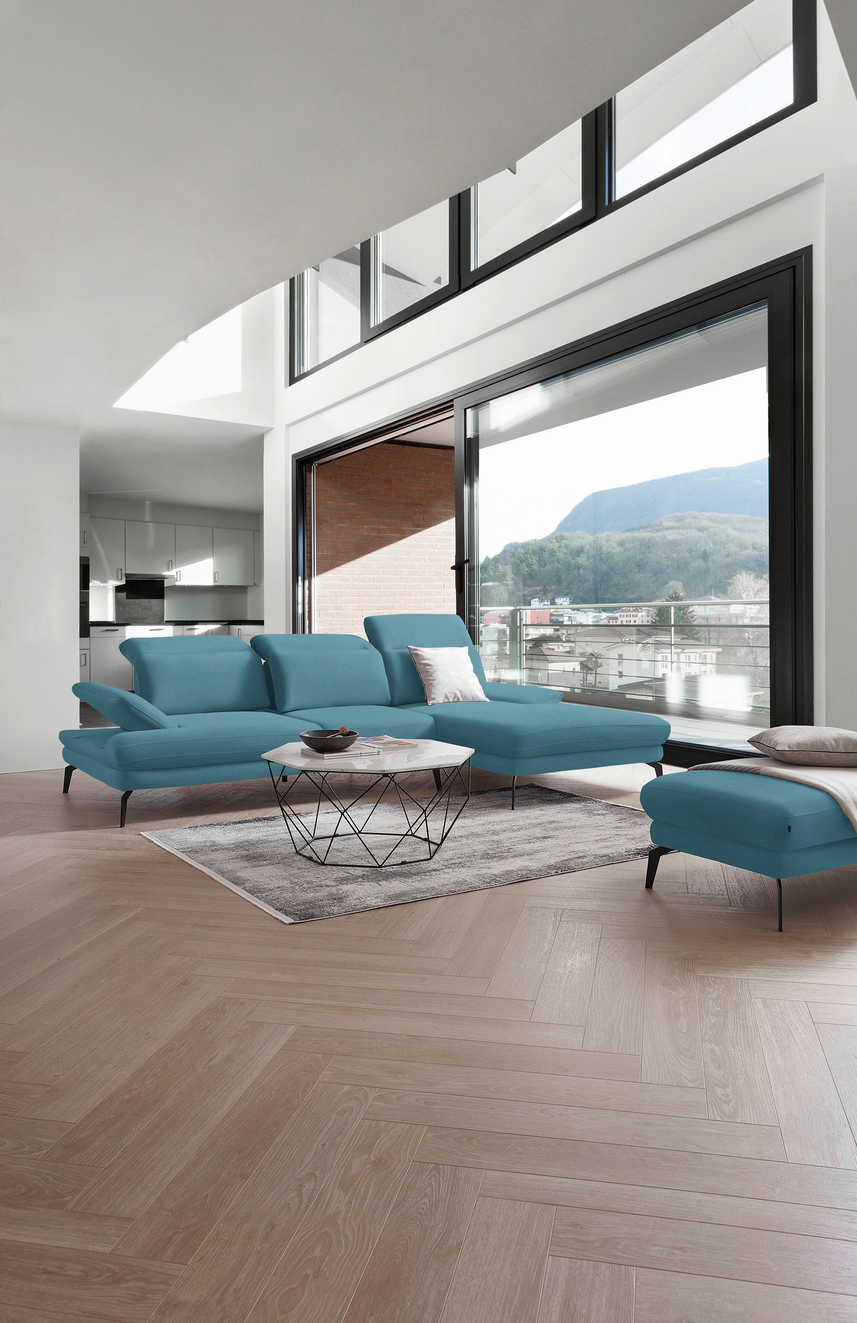 ECKSOFA in Flachgewebe Blau  - Blau/Schwarz, Design, Textil/Metall (289/180cm) - Stylife