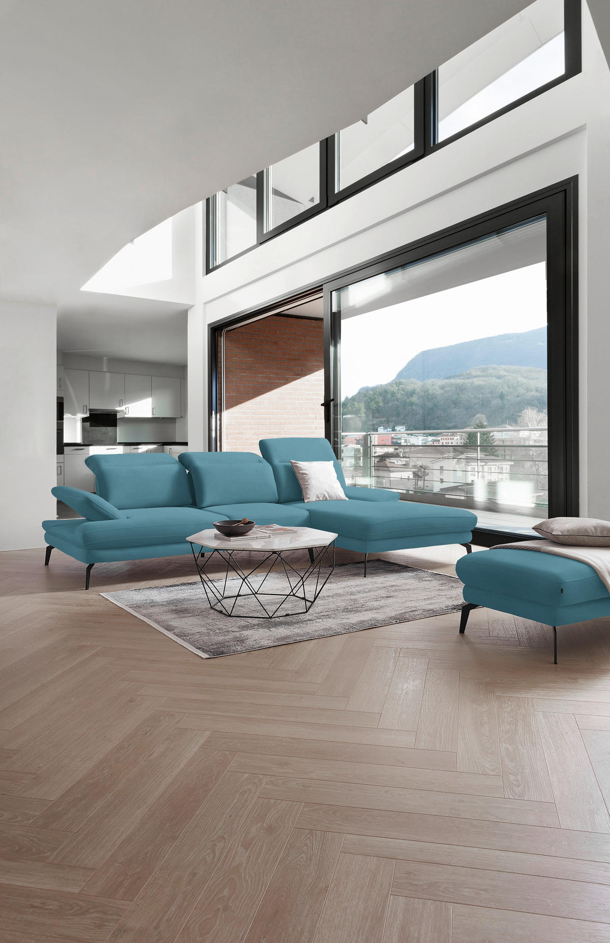 ECKSOFA in Flachgewebe Blau  - Blau/Schwarz, Design, Textil/Metall (289/180cm) - Stylife