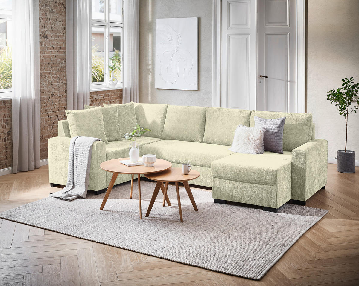 WOHNLANDSCHAFT Creme Chenille  - Creme/Schwarz, KONVENTIONELL, Kunststoff/Textil (183/311/140cm) - Ti'me