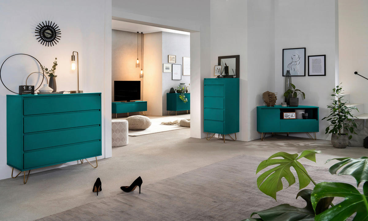 KOMMODE  in 45/110/40 cm  - Blau/Messingfarben, Design, Glas/Holzwerkstoff (45/110/40cm) - Livetastic