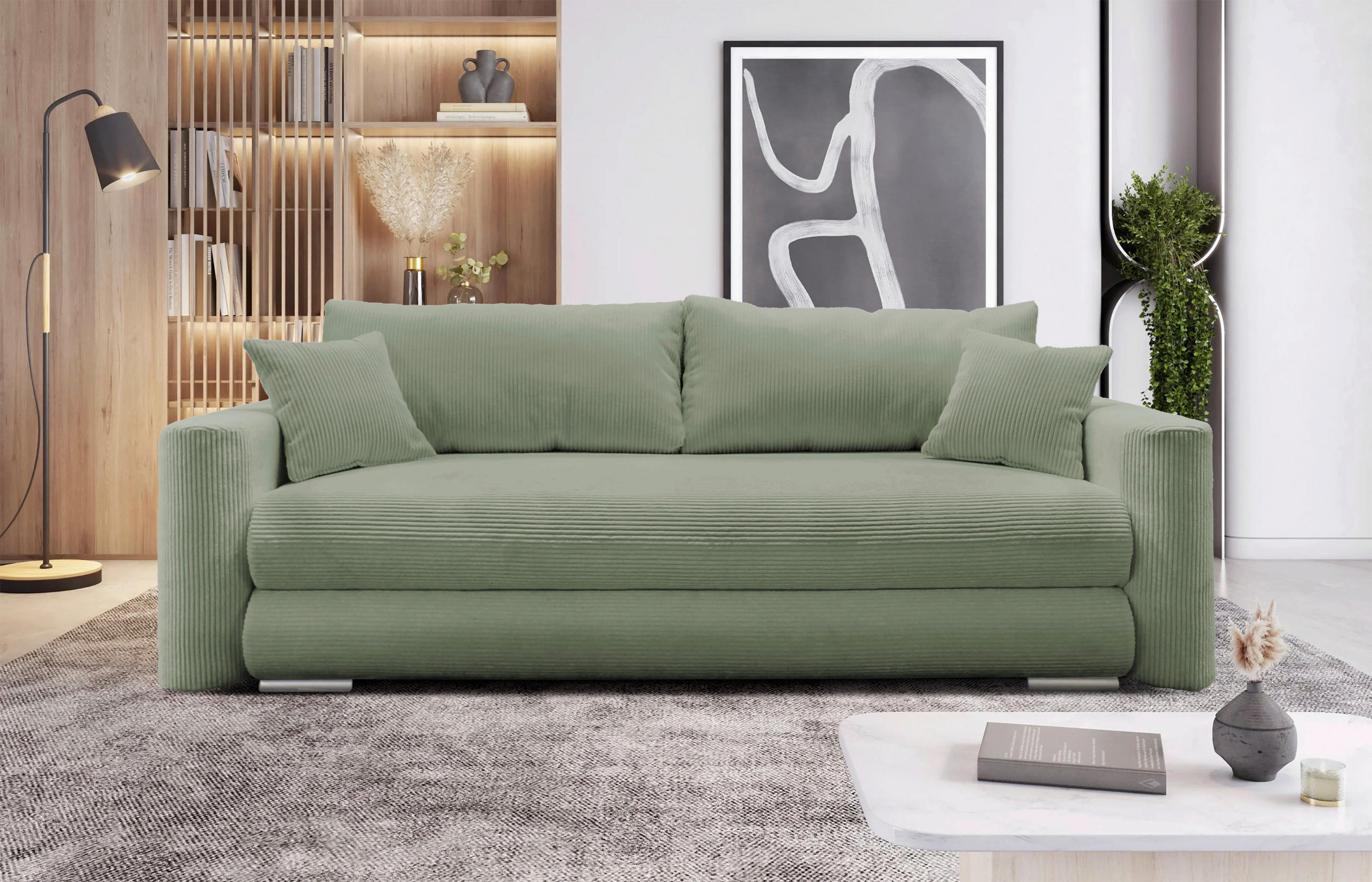 SCHLAFSOFA Cord Grün  inkl. Bettkasten  - Silberfarben/Grün, Design, Kunststoff/Textil (232/88/105cm) - MID.YOU