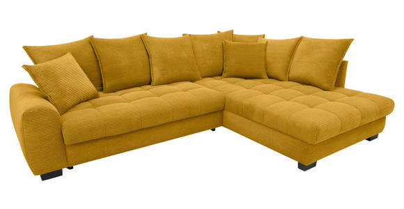 ECKSOFA Currygelb Cord Rückenkissen, Armlehnenkissen, Bettkasten, Schlaffunktion, Rücken echt, Liegefläche im Originalstoff  - Currygelb/Schwarz, KONVENTIONELL, Kunststoff/Textil (304/212cm) - Carryhome