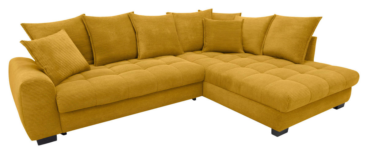 ECKSOFA Currygelb Cord Rückenkissen, Armlehnenkissen, Bettkasten, Schlaffunktion, Rücken echt, Liegefläche im Originalstoff  - Currygelb/Schwarz, KONVENTIONELL, Kunststoff/Textil (304/212cm) - Carryhome