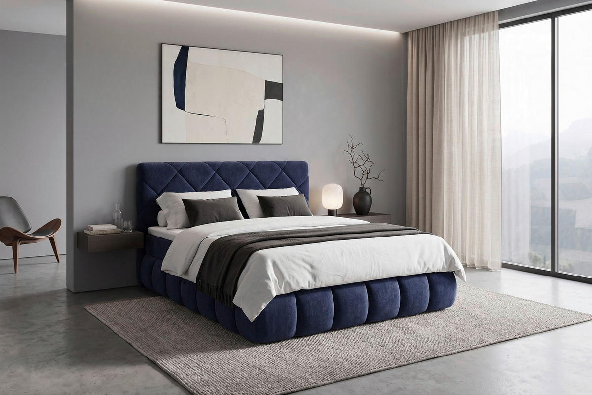 BOXBETT 180/200 cm,  in Dunkelblau, gepolstertes Kopfteil, Bettkasten, Topper, Matratzen, H3 + H3 = fest  - Schwarz/Dunkelblau, Design, Kunststoff/Textil (180/200cm) - Chameo
