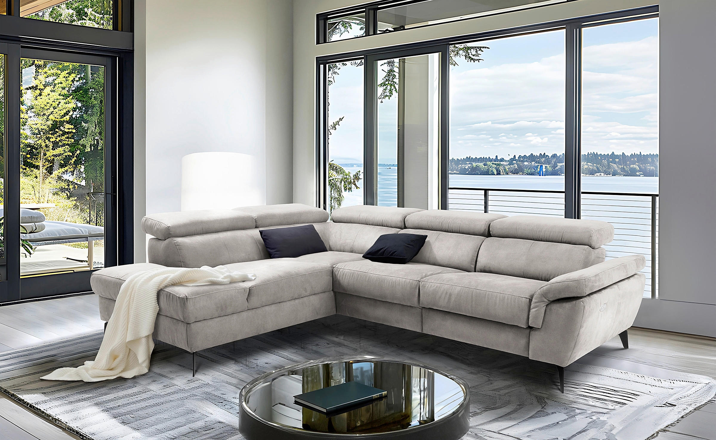 ECKSOFA SONO Grau Lederlook Bettkasten, Armteilverstellung, Kopfteilverstellung  - Schwarz/Grau, Design, Textil/Metall (210/265cm) - Livetastic
